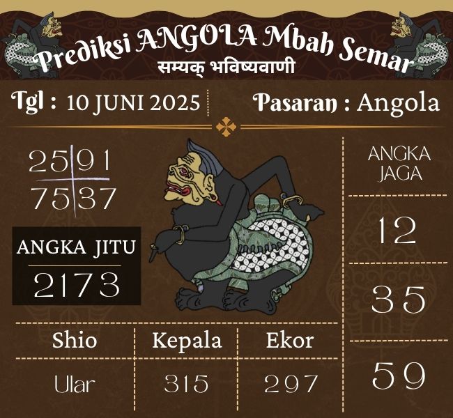 Prediksi Togel Angola Mbah Semar Hari Ini 10 Juni 2025 
